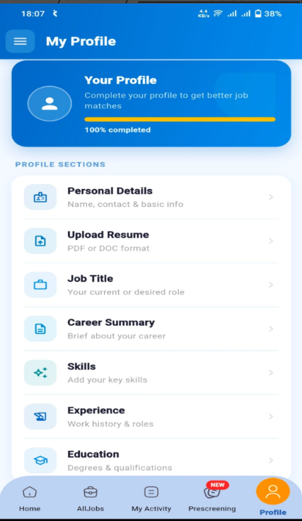 NaukriSunshine Android app — application tracking screen